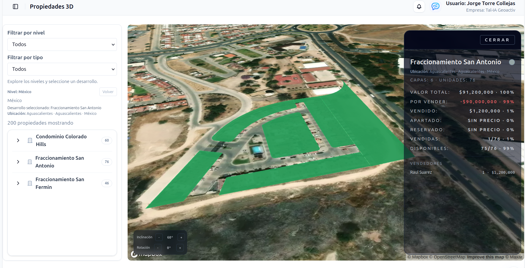 Mapa inmobiliario con áreas destacadas para seguimiento comercial
